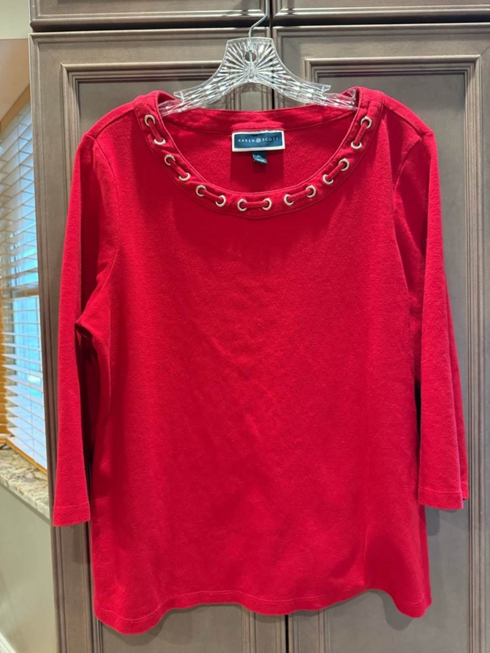 Karen Scott Red Grommet-Trim 3/4 Length Sleeve Top